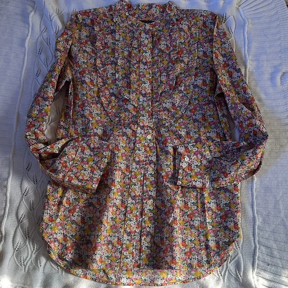 J. Crew Red and Yellow Puff Sleeve Button Down Blouse